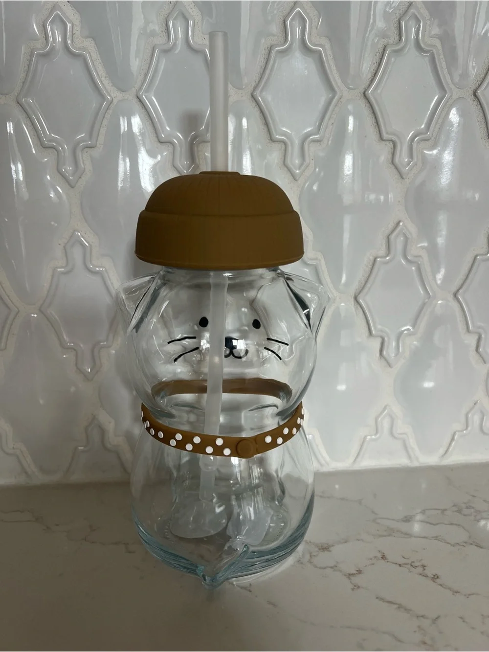 19oz Cat Glass Drink Tumbler with Straw - Tan Accents